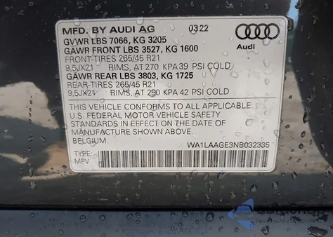 2022 Audi E-Tron Premium Plus Quattro z USA, uszkodzony, nr VIN WA1LAAGE3NB032335